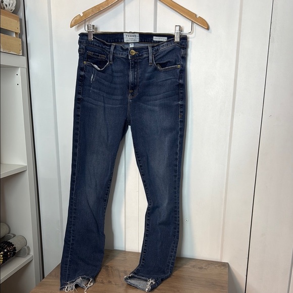 Frame Denim | Le Skinny de Jeanne Crop Dark Blue Jeans - distressed - 29 - Picture 1 of 6